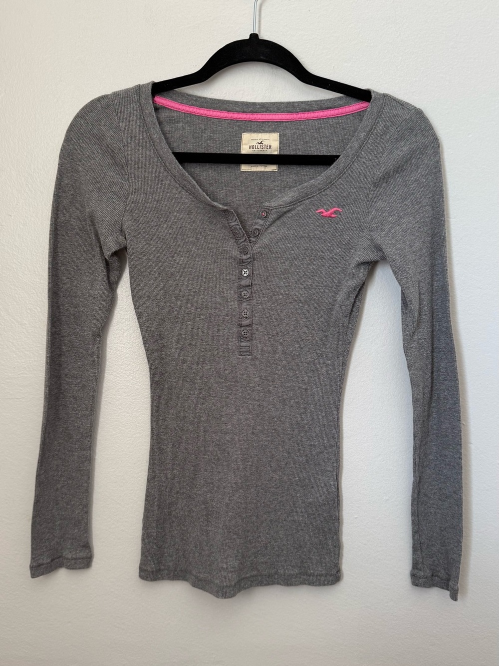 Hollister Vintage Y2K Ribbed Henley Top Long Sleeve Gray Small